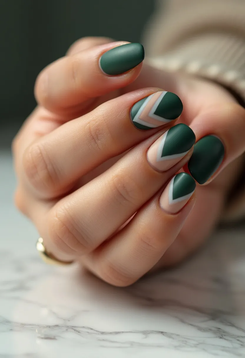 This nail design features a sophisticated and matte color palette dominated by a rich forest green and complemented with an elegant nude shade. Each nail is manicured into a rounded shape, which adds a soft and polished look. Intricate patterns adorn specific nails, with a triangular design that incorporates both the forest green and nude shades, creating a striking chevron pattern. Some nails are solid forest green, while others have the angular patterns providing a balanced yet eye-catching aesthetic. The finish appears to be a gel treatment, ensuring a smooth, long-lasting application. This nail design carries a stylish and season-neutral vibe, making it versatile for various occasions from casual outings to more formal events.