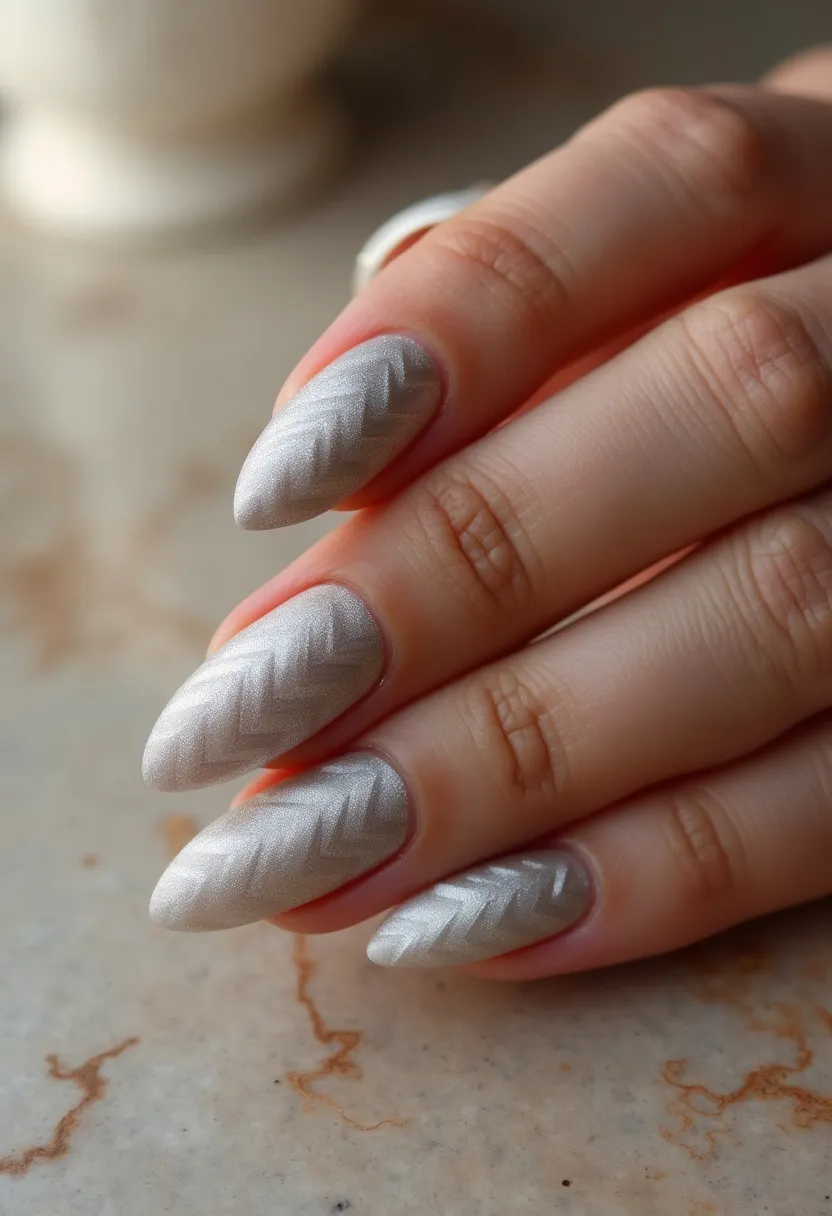 The nail design features an elegant silvery color palette with a subtle shimmer, giving the nails a sophisticated and polished appearance. The nails are shaped into a pointed almond style, which elongates the fingers and adds a touch of drama. Each nail displays a delicate herringbone pattern, adding textured intricacy without overwhelming the design. The treatment appears to be a gel manicure, ensuring a smooth and long-lasting finish. The metallic sheen and intricate pattern make these nails suitable for special occasions or festive events, possibly fitting for winter or holiday-themed celebrations due to the cool, frosty color.