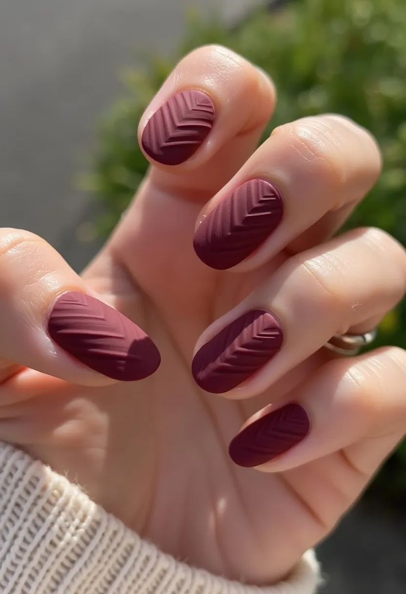 The nail design features a sophisticated matte burgundy color palette, offering a rich and elegant tone suitable for autumn or winter seasons. The nails are shaped in a neat oval form, giving a classic and refined look. Intricate patterns are embossed on each nail, consisting of angular chevron lines that add a textured dimension and refined elegance. This detailed design suggests the use of a gel or acrylic nail treatment to achieve the smooth yet structured finish. The matte and textured combination along with the deep burgundy shade conveys a chic and modern aesthetic, ideal for formal occasions or festive celebrations.