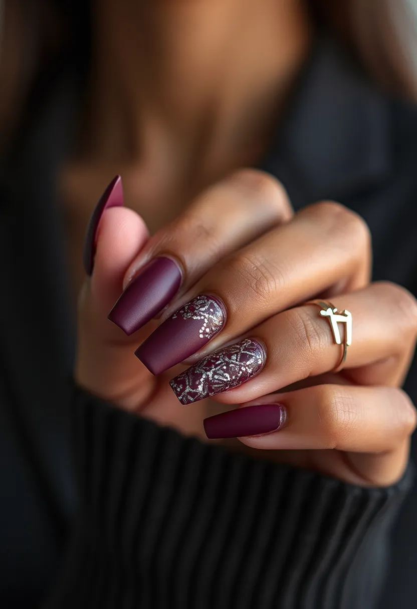 The nail design features a sophisticated deep burgundy color palette, exuding elegance and a sense of luxury. The nails are shaped into a clean, precise square tip, providing a sturdy and stylish look. Most of the nails showcase a refined matte finish, enhancing the richness of the burgundy color, while one nail introduces an intricate silver glitter pattern that stands out beautifully against the dark background. The glittery accents include delicate and detailed floral or lace-like designs, adding a touch of glamour. This design suggests a high-quality gel or acrylic treatment, given the smooth and polished appearance of the nails. The combination of dark, rich colors and glitter details makes this nail design particularly suitable for the autumn or winter season, or for special occasions like holiday parties or formal events.