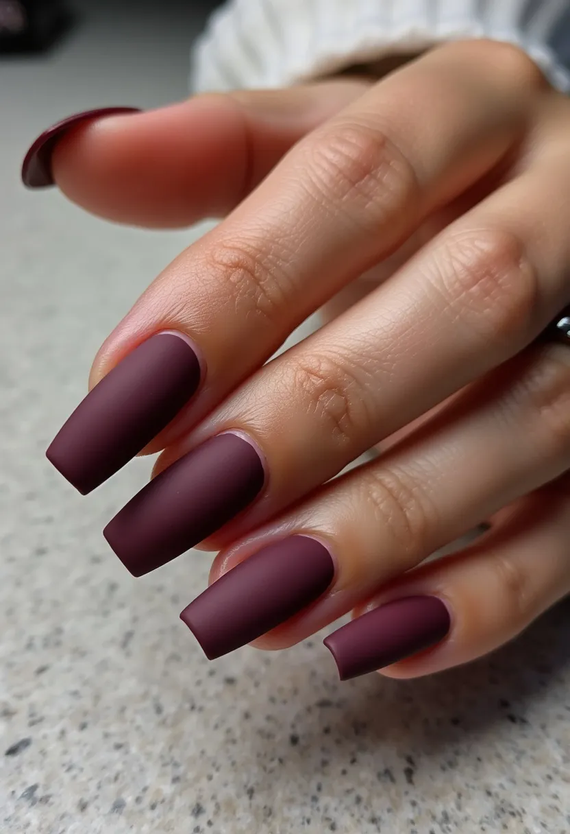 The nail design features a deep, rich burgundy color palette with a velvety matte finish, giving the nails a sophisticated and elegant look. The nails are shaped in a medium length, square shape with slightly rounded edges, creating a classic yet modern appearance. There are no additional intricate patterns or decorations, allowing the bold color and matte finish to be the focal point. The nail treatment appears to be gel due to the uniform, smooth texture and durability evident in the finish. This design is versatile, suitable for the fall and winter seasons due to the deep color, and can be worn for special occasions or as an everyday look to add a touch of refinement to one's style.