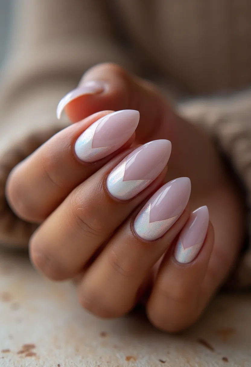 The nail design showcases an elegant and sophisticated style, featuring almond-shaped nails that have been treated with a gel manicure. The color palette consists of a gentle, pale pink base complemented by a shimmering, iridescent accent. Intricate details include a geometric chevron pattern at the tips, formed with the iridescent polish, giving a modern and chic look. This design is versatile, suitable for special occasions such as weddings or formal events, and its subtle yet eye-catching details make it ideal for enhancing any ensemble with a touch of sophistication.