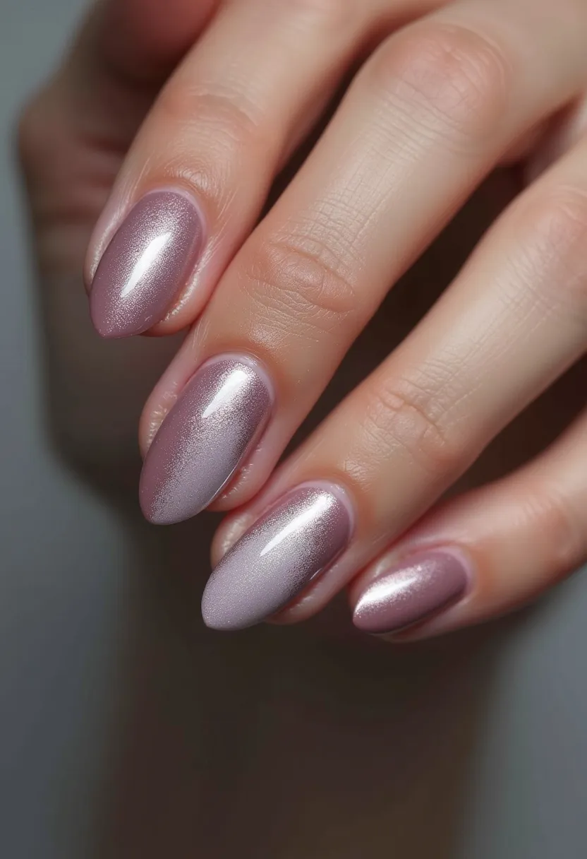 The nail design showcases a refined mix of pink and pearlescent hues, highlighting a sophisticated and elegant color palette. The nails are shaped in an almond form, enhancing the aesthetic appeal and elongating the fingers. Each nail features a subtle gradient effect that transitions smoothly from a deeper pink at the base to a lighter, shimmery pearlescent tip, creating a polished and cohesive look. The nails appear to use gel polish, evident from the high-gloss finish that adds durability and shine. This design exudes a soft and feminine charm, suitable for both everyday wear and special occasions, complementing seasonal themes like spring or summer due to its light and fresh tones.