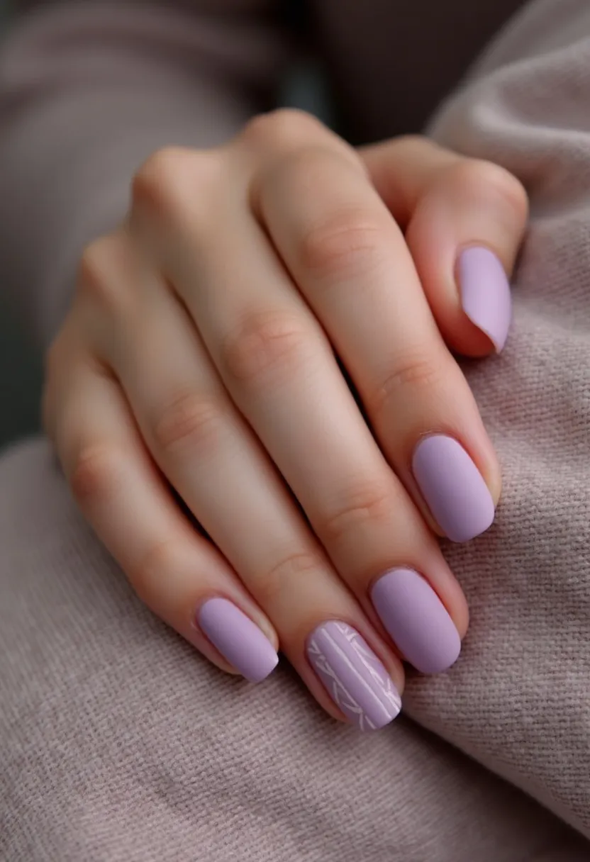 This nail design features a soft, matte lavender color palette, giving off an elegant and understated look. The nails are shaped in a medium length, oval form. On the ring finger of one hand, there is a delicate pattern of white leaf motifs running vertically, adding a subtle and sophisticated touch to the design. This intricate detail suggests a possible seasonal theme like spring, known for its floral associations. The nail treatment appears to be a gel application, providing a smooth and durable finish. This chic design could be suitable for both everyday wear and special occasions, emphasizing a blend of simplicity and elegance.