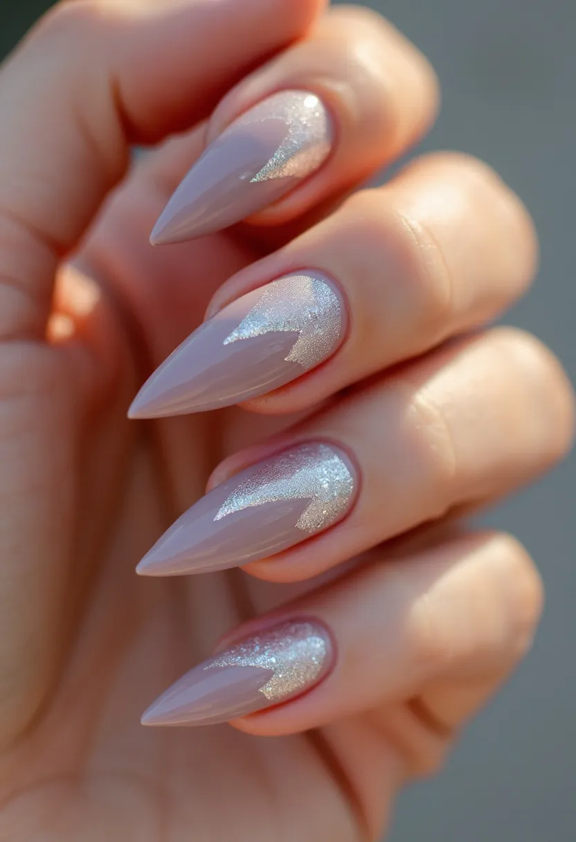 This nail design features long, stiletto-shaped nails painted in a soft, nude pink hue. The nails exhibit a sophisticated and glamorous look with intricate silver glitter patterns near the base, forming a sharp, angular design that gradually fades as it extends towards the tip. The glitter accents add a touch of sparkle and elegance, making the design suitable for special occasions or festive seasons. The treatment used appears to be gel, enhancing the glossy finish and durability of the nails. This combination of subtle nude tones with striking glitter details results in a chic and modern manicure.