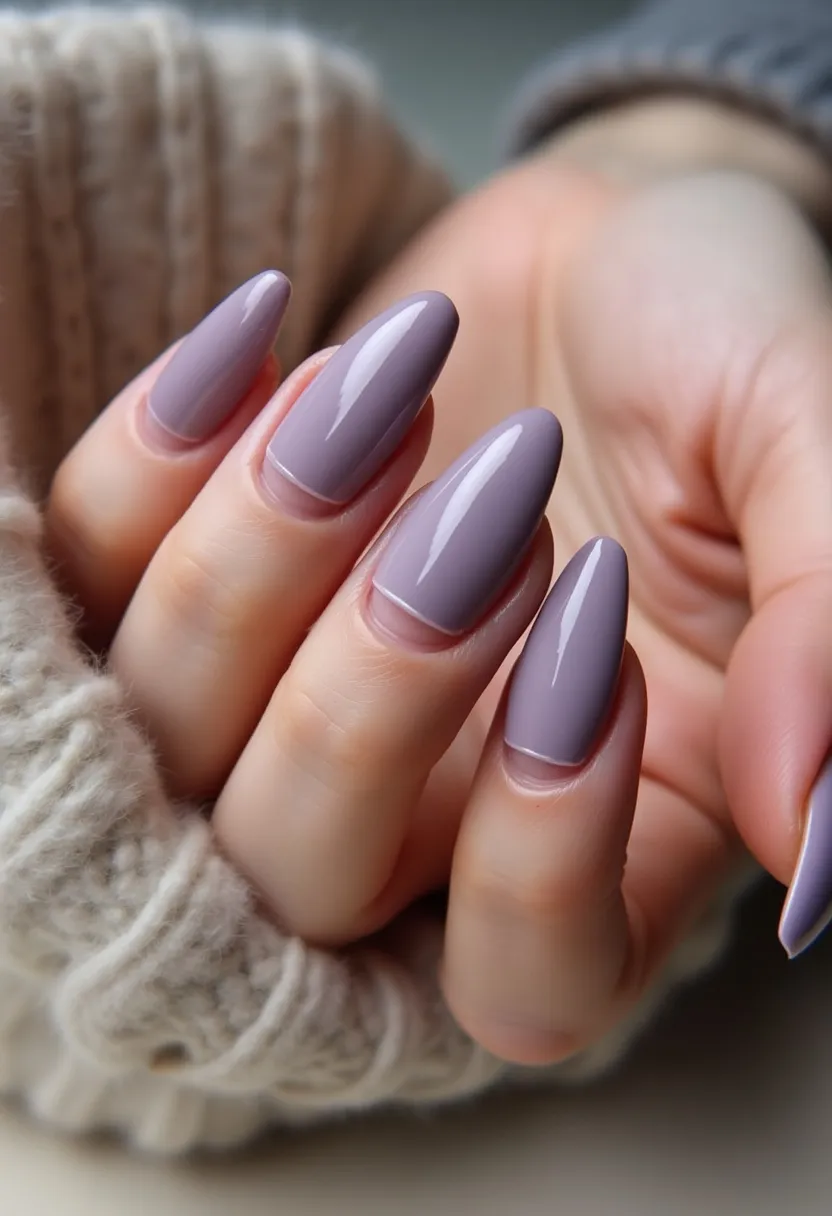 This nail design features elongated, almond-shaped nails polished with a soft, muted lavender color, providing an elegant and subtle appearance. The nails are exceptionally glossy, suggesting the use of gel treatment that adds a luminous finish. The color palette is uniform, with no additional patterns or decorations, evoking a minimalist aesthetic. The choice of a neutral lavender shade makes this design versatile, suitable for both everyday wear and special occasions, including seasonal themes like spring or fall where softer hues are popular. The smooth, well-finished look showcases attention to detail, enhancing the overall sophisticated ambiance of the nails.