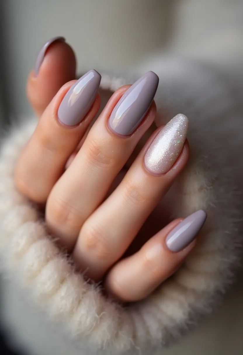 The nail design features a stiletto shape with a smooth, glossy finish, suggesting a gel or shellac treatment. The color palette consists of a soft, muted lavender for most of the nails, complemented by an accent nail coated in a sparkly, silver glitter. This combination creates a harmonious and sophisticated look, suitable for seasonal themes such as winter or special occasions like holiday parties. The use of the glittery accent nail adds a touch of elegance and festive charm to the overall design.