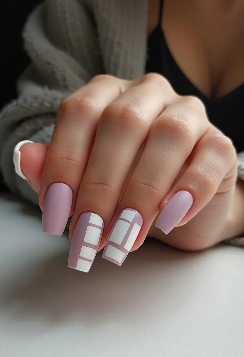 The nail design features a color palette dominated by a soft, matte lavender shade accented with intricate, geometric patterns in white. The nails are long and shaped in a square style. Two nails on each hand showcase a modern, grid-like pattern with lavender and white squares, adding a contemporary and artistic flair to the design. The smooth, glossy finish and precision of the patterns suggest that the nails likely underwent a gel or shellac treatment, ensuring durability and a sleek appearance. The chic and sophisticated design makes it suitable for various occasions, whether casual or formal, offering a stylish and polished look.