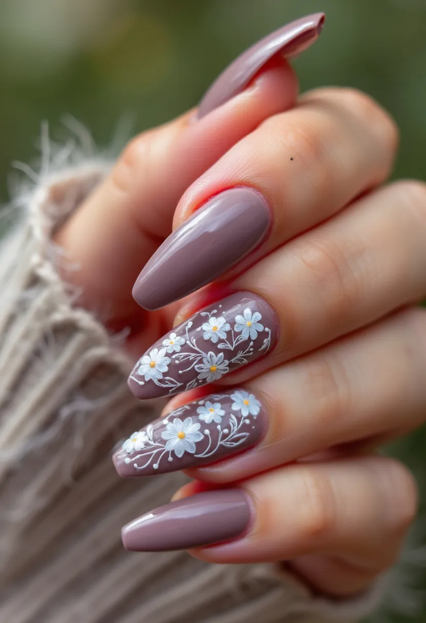 The nail design features a mauve color palette and almond-shaped nails, which showcase a sophisticated and elegant appearance. This manicure incorporates intricate white floral patterns on two nails, with dainty daisy-like flowers featuring yellow centers, adding a natural and delicate touch. The patterns are likely done with precision tools to maintain the fine detailing of the flowers. The nails exhibit a glossy finish, suggesting a gel nail treatment that ensures durability and a long-lasting shine. The design appears suitable for spring or summer, given the floral elements, making it an ideal choice for seasonal celebrations or events such as garden parties or weddings.