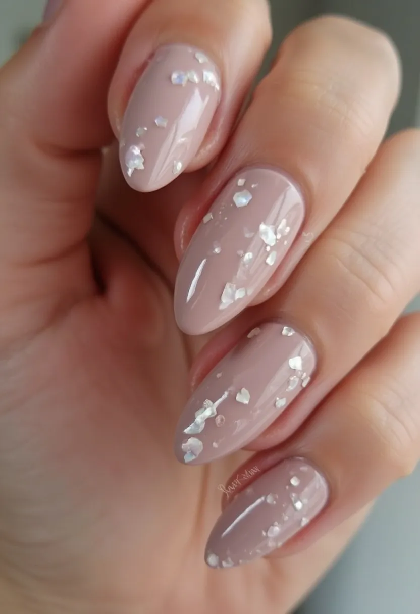 The nail design features a soft, nude color palette that exudes elegance and simplicity. The nails are almond-shaped, which adds a sophisticated touch to the overall look. The design includes intricate patterns of iridescent foil flakes scattered across each nail, giving them a shimmering, eye-catching appearance. The nail treatment appears to be gel, providing a glossy and smooth finish that enhances the decorative elements. The subtle yet dazzling details suggest it could be ideal for special occasions or seasonal celebrations, such as winter holidays, where a touch of sparkle is highly favored. The overall design is both chic and understated, suitable for those who appreciate refined nail art with a hint of glamour.