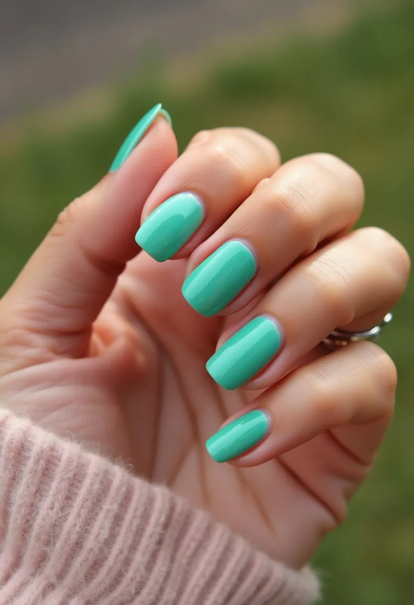 The  nail  design  features  a  teal-colored  polish,  which  is  a  shade  of  blue-green.  The  nails  are  shaped  in  a  square  or  rectangular  shape,  giving  them  a  unique  and  modern  appearance.  The  nail  treatment  appears  to  be  a  gel  or  acrylic,  as  it  is  smooth  and  well-defined.