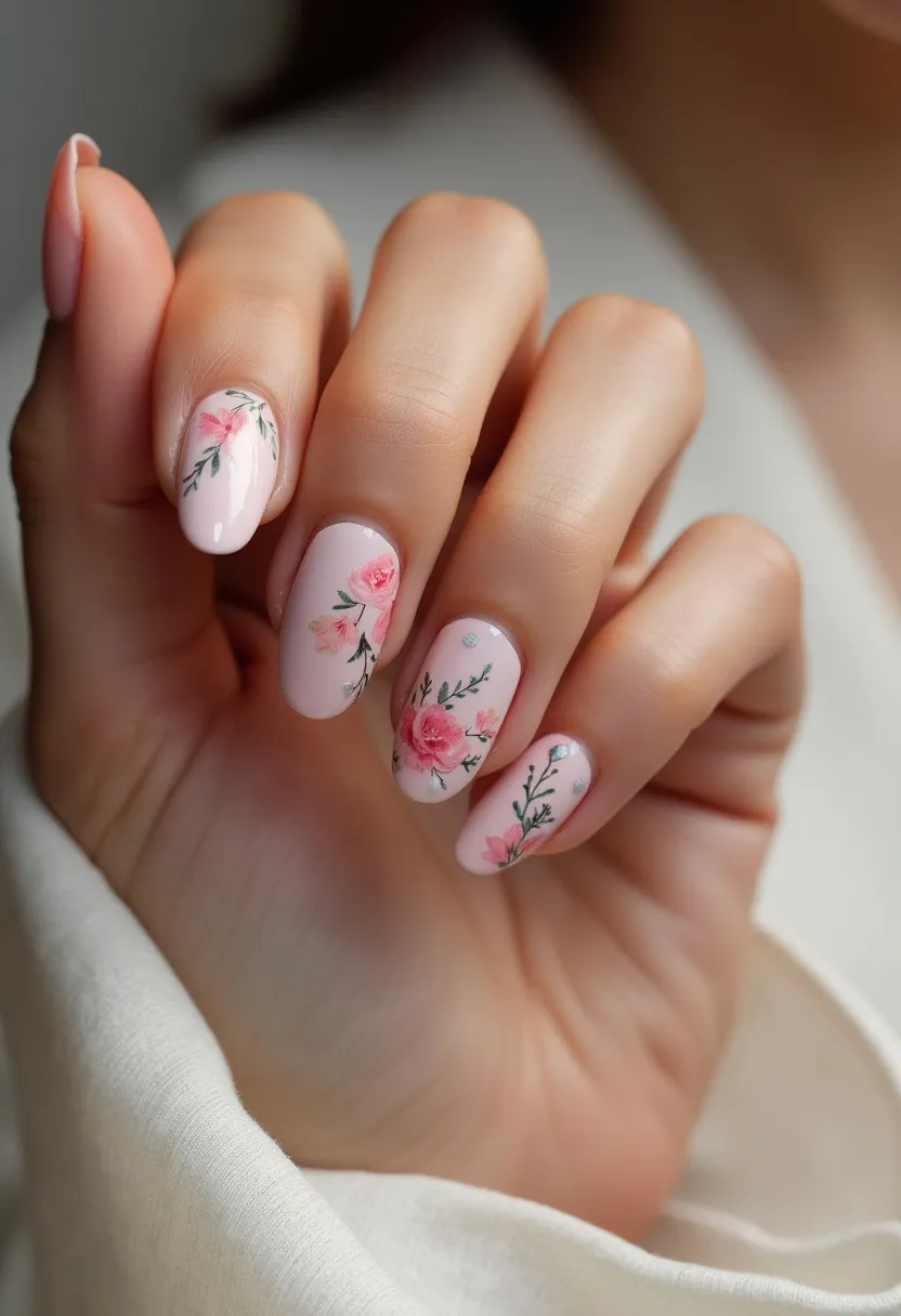 The nail design features a soft, pastel pink base color, giving a delicate and feminine appearance. The nails are shaped into an almond form, emphasizing elegance. Each nail showcases intricate floral patterns, primarily consisting of pink hues with green leaves, creating a beautiful, hand-painted effect. Additionally, some small silver accents or glitter dots are present, enhancing the overall design with a subtle sparkle. Given the pristine finish and high gloss, the treatment appears to be gel polish, ensuring a long-lasting and polished look. This design radiates a spring theme, making it ideal for occasions that celebrate new beginnings or floral elements, such as weddings or outdoor garden events.