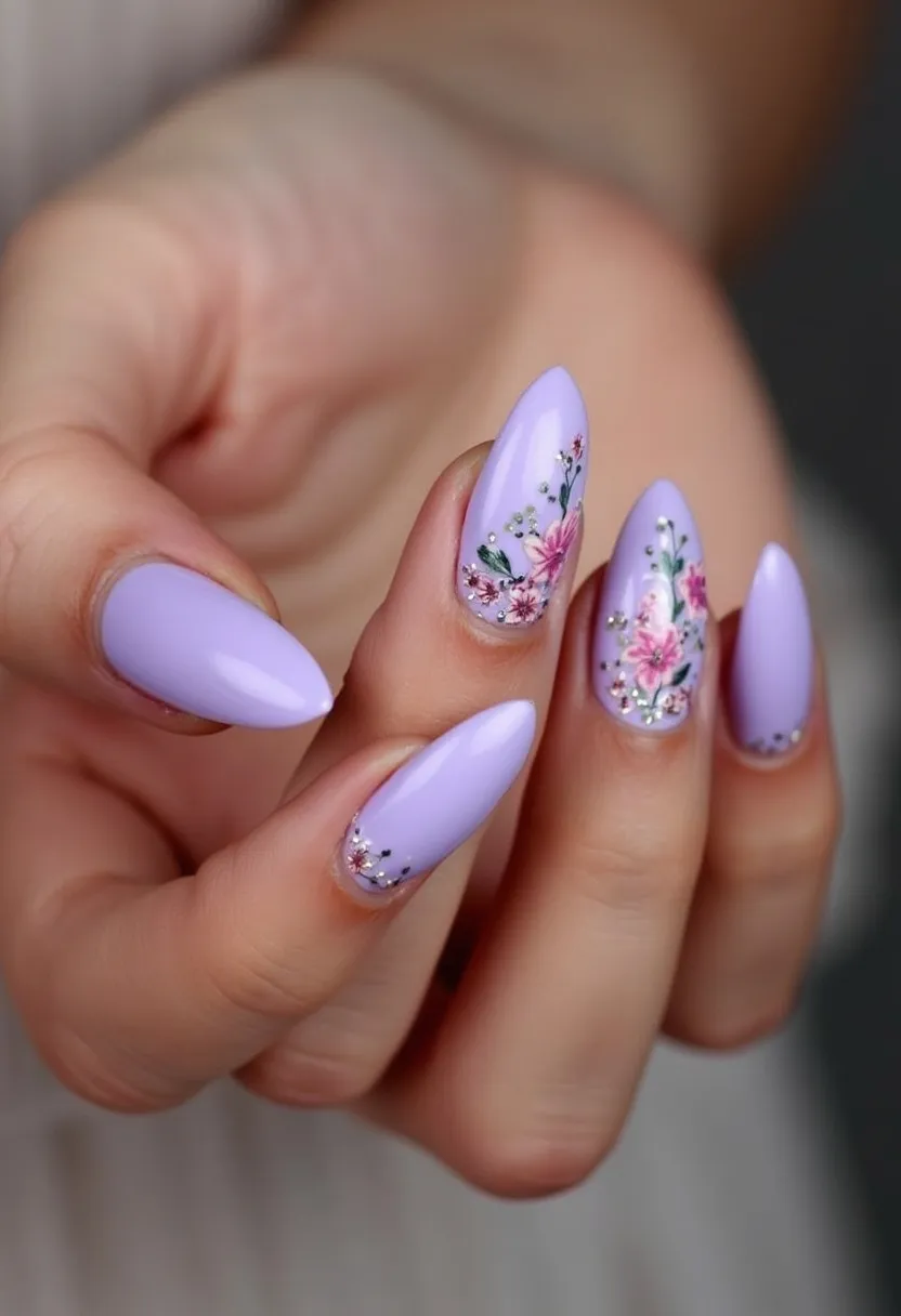 The  nail  design  features  purple  nails  with  a  floral  pattern.  The  nails  are  shaped  and  have  a  unique  design,  making  them  stand  out.  The  nail  treatment  appears  to  be  a  gel  or  acrylic,  as  it  has  a  smooth  and  polished  finish.  The  floral  pattern  adds  a  touch  of  elegance  and  creativity  to  the  overall  look.