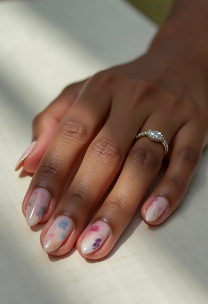 This nail design features nails that are almond-shaped and adorned with a delicate combination of pastel colors, including soft pink, light blue, and hints of purple and white. The nails exhibit a semi-transparent, glossy finish indicative of a gel nail treatment. Each nail is decorated with subtle, hand-painted floral patterns that give off a whimsical, almost watercolor effect, suggesting seasonal themes of spring or early summer. The intricate floral designs are placed in varying spots on each nail, creating a unique and personalized look. The overall presentation is elegant and fresh, ideal for special occasions such as weddings, garden parties, or other celebratory events.