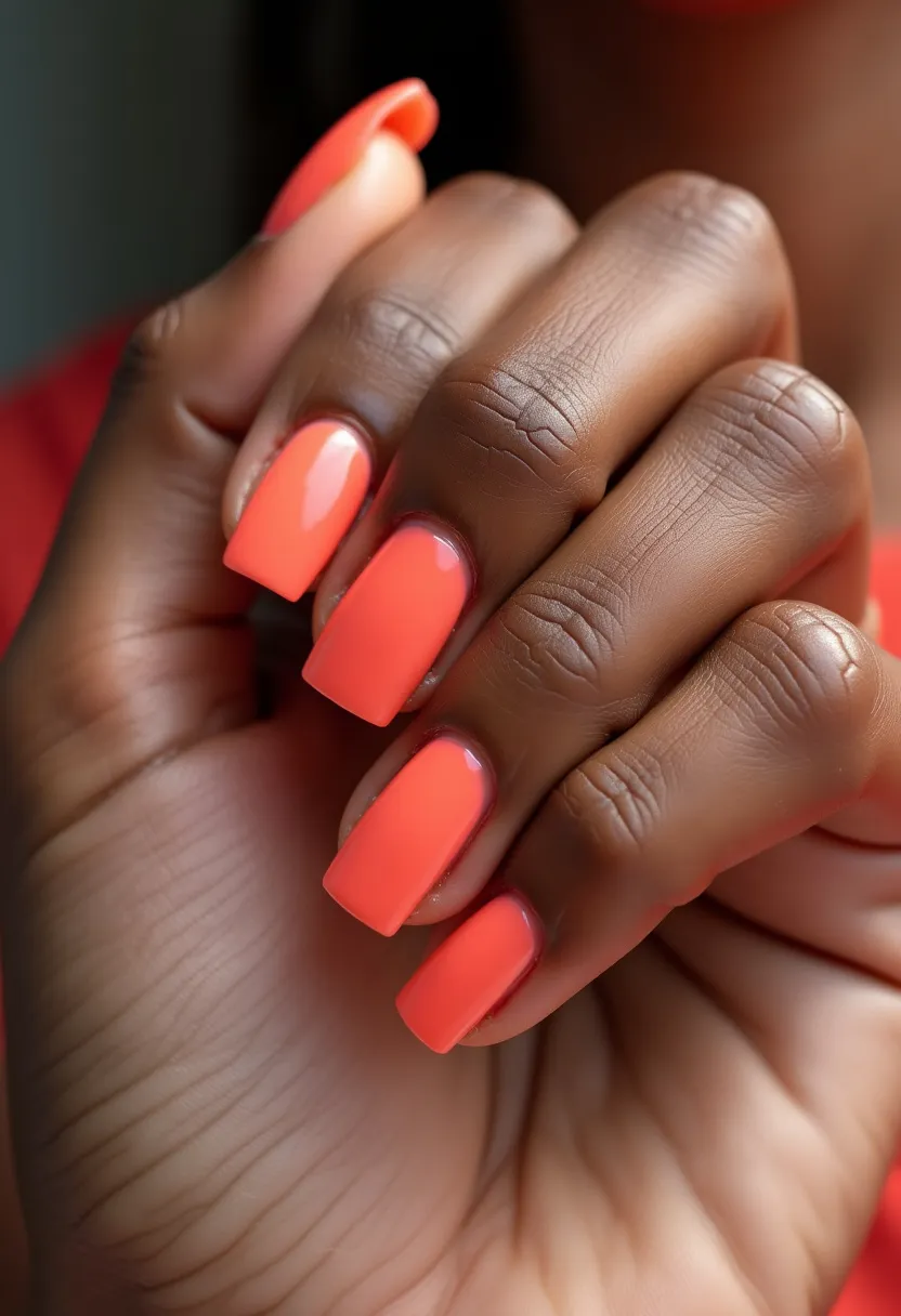 The  nail  design  features  a  bright  orange  nail  polish,  which  is  the  main  color  of  the  nails.  The  nails  are  shaped  in  a  regular,  oval  shape.  The  nail  polish  appears  to  be  a  regular,  non-specialized  polish,  without  any  intricate  patterns  or  decorations.