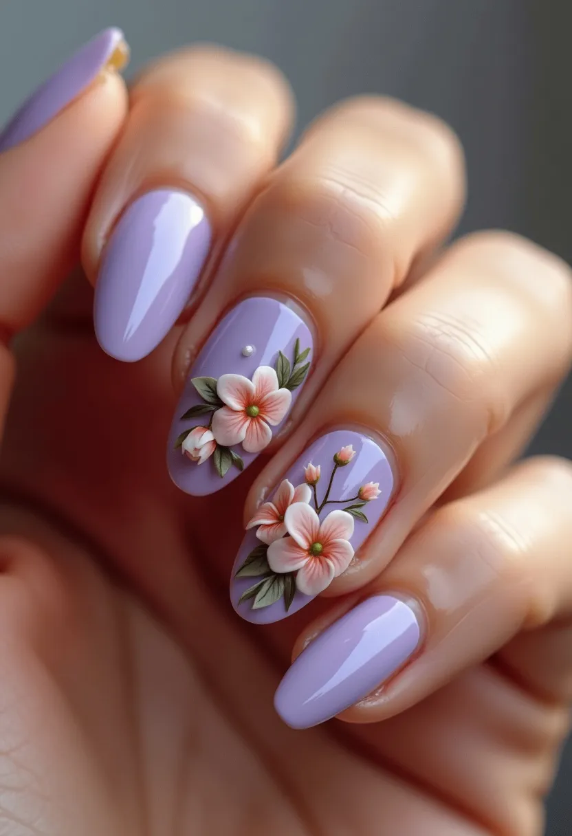 The  nail  design  features  a  purple  nail  color  palette,  with  intricate  flower  patterns  painted  on  the  nails.  The  nails  are  shaped  in  a  square  shape,  and  the  nail  treatment  appears  to  be  a  gel  nail  polish.  The  unique  details  of  the  design  include  the  flowers,  which  add  a  touch  of  elegance  and  creativity  to  the  overall  look.  The  nails  are  well-maintained  and  beautifully  decorated,  making  them  an  attractive  and  eye-catching  feature.