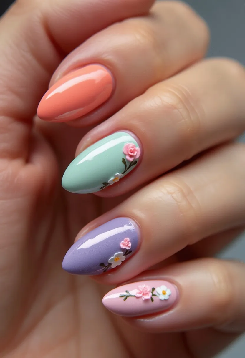 This nail design features an almond-shaped manicure with a vibrant spring-inspired color palette including shades of peach, mint green, lilac, and soft pink. The nails are adorned with intricate floral patterns, showcasing small, detailed flowers in complementary colors such as white, pink, and yellow, along with green leaves. The glossy finish suggests a gel treatment, offering a shiny, smooth surface. Each nail has a unique floral arrangement that adds a touch of elegance and creativity, suitable for seasonal spring themes or special occasions such as weddings or garden parties. The design is both sophisticated and playful, reflecting a meticulous and artistic approach to nail art.