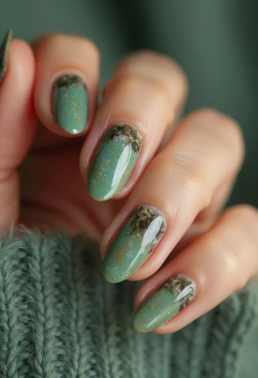 The nail design features a soft green color palette with a subtle gradient effect, transitioning from a slightly darker shade at the top of the nail to a lighter hue towards the bottom. The nails are almond-shaped, providing a elegant and elongated look. An intricate pattern resembling a natural moss texture is incorporated at the base of each nail, adding a touch of earthy realism and uniqueness. The glossy finish suggests a gel treatment, ensuring durability and a sleek appearance. This design evokes a sense of natural beauty, making it suitable for autumn or winter seasons, reminiscent of forest greens and earthy tones.