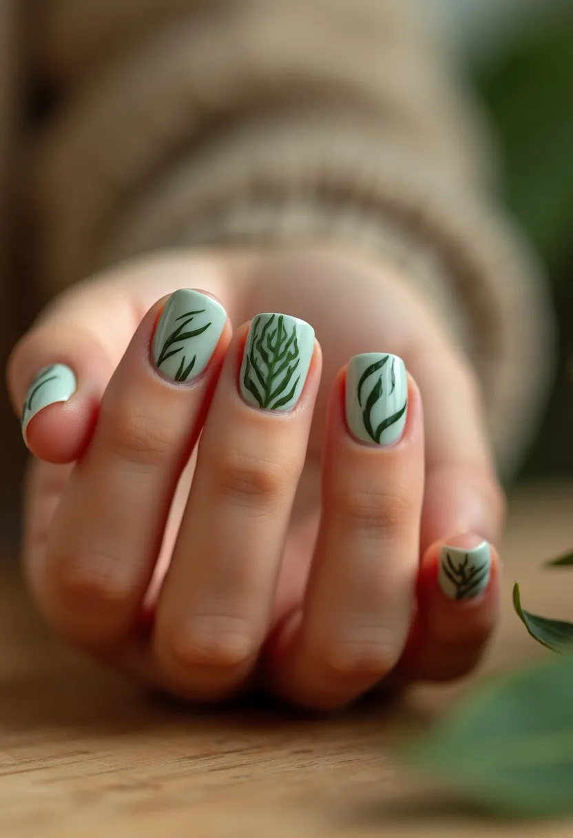 The nail design features a soft, pastel green color palette that serves as a base for intricate botanical patterns in a darker green hue. The nails are short and relatively squared in shape, creating a neat and manageable appearance. Delicate leaf designs are artfully painted on each nail, varying slightly in style and size, adding a refined nature-inspired touch. The finish appears smooth and glossy, indicating a probable gel or shellac treatment, ensuring durability and a polished look. This design has a fresh, vibrant feel, making it suitable for spring or summer seasons, drawing inspiration from natural and earthy elements.