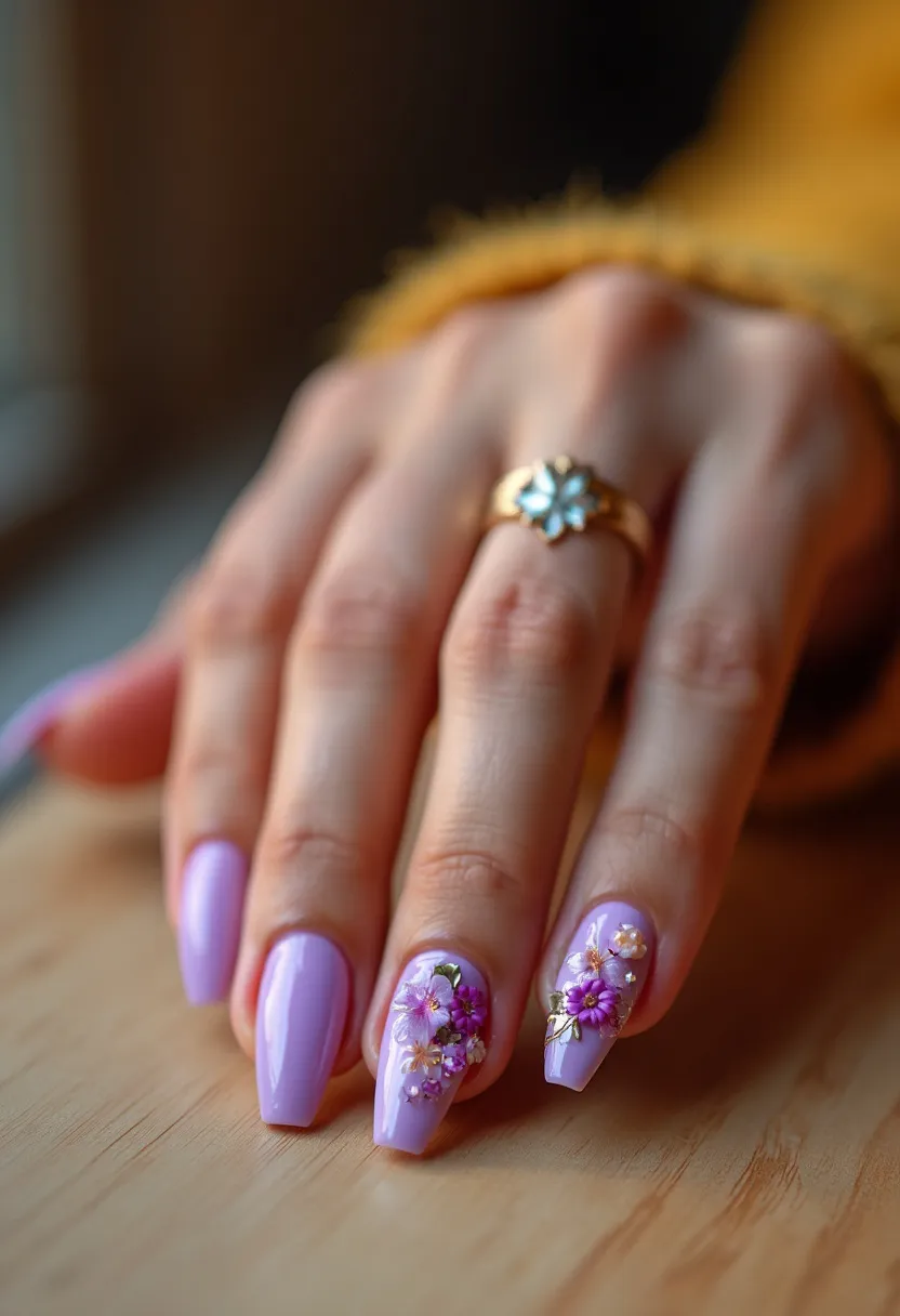 The  nail  design  features  purple  nails  with  white  flowers  painted  on  them.  The  flowers  are  placed  in  a  pattern,  adding  a  touch  of  elegance  to  the  nails.  The  nails  are  shaped  in  a  natural,  oval  shape.  The  nail  treatment  used  is  acrylic  nails,  which  are  known  for  their  durability  and  ability  to  hold  intricate  designs.  The  overall  design  is  both  visually  appealing  and  unique,  making  it  a  great  choice  for  a  special  occasion  or  a  seasonal  theme.