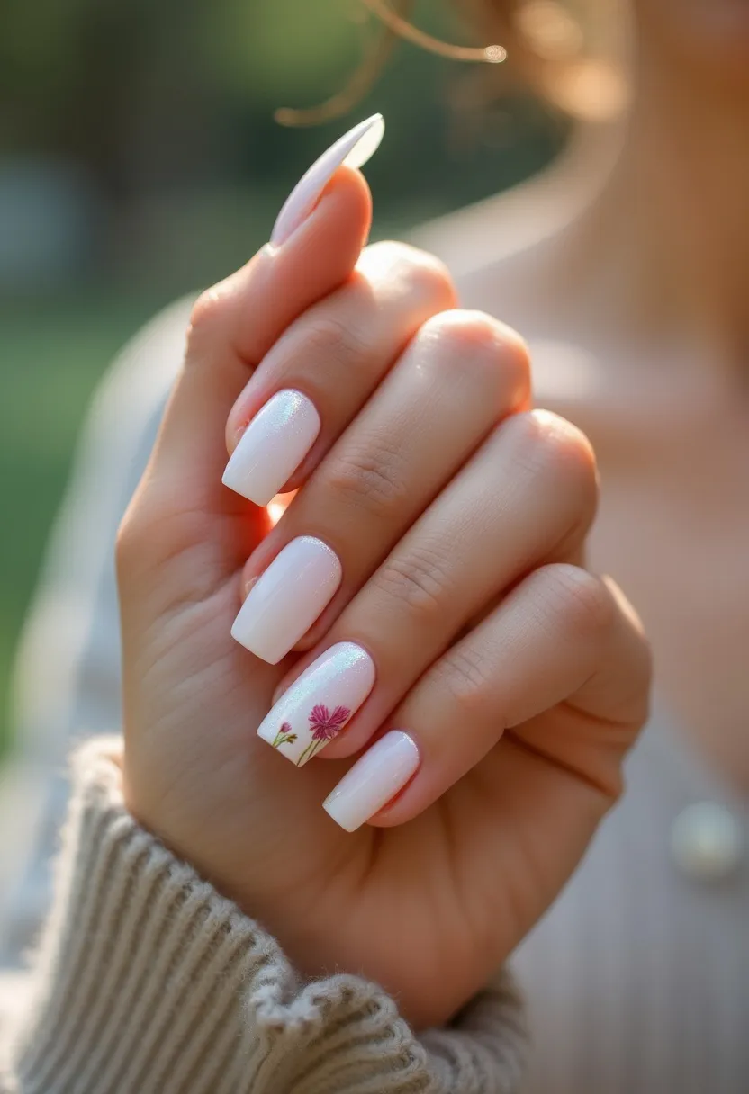 The nails feature a soft, pearly white color palette, accentuated with an elegant shimmer. The nails are shaped into a classic square form, which complements their length. The ring finger and pinky nail each have a delicate nail art design, depicting pink flowers with subtle green stems, creating a fresh and floral aesthetic. This intricate detail enhances the overall design, making it suitable for spring or garden-themed events. The nails appear to have a smooth, glossy finish indicative of a gel treatment, which adds to their refined and polished look.