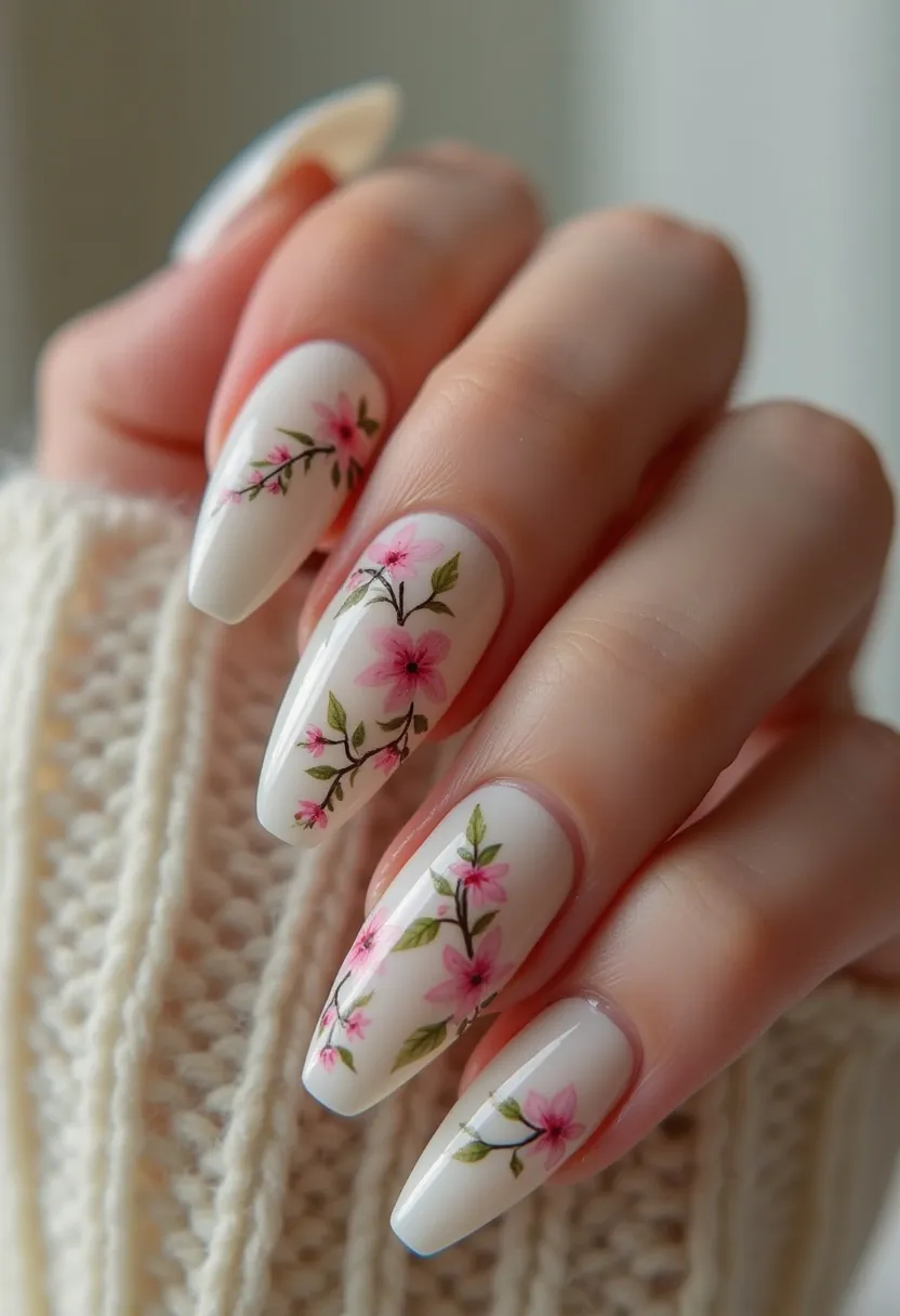 The nail design features a soft, elegant palette with a base color of a creamy off-white. The nails are shaped into a modern almond form, which is slightly tapered and rounded at the tips. Detailed floral patterns are intricately painted on each nail, showcasing delicate pink flowers with green leaves and thin branches. These artistic elements add a touch of springtime freshness, making the design suitable for the season. The application appears to utilize gel treatment, contributing to the glossy finish and durability of the design. Overall, this nail art is sophisticated and perfect for a spring or garden-themed occasion.