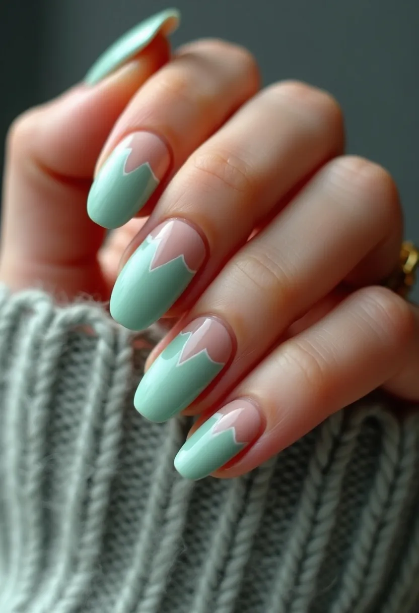 The  nail  design  features  a  green  and  pink  color  palette,  with  a  white  heart  shape  painted  on  the  nails.  The  nails  are  shaped  in  a  square  shape,  and  the  nail  treatment  appears  to  be  acrylic.  The  design  is  unique  and  creative,  possibly  inspired  by  a  seasonal  theme  or  a  special  occasion.