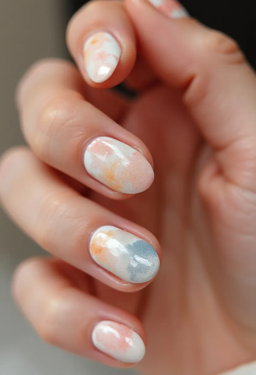 The nail design features an almond shape with a soft, rounded tip. The color palette is delicate, consisting of pastel shades including light peach, soft white, and muted blue, creating a watercolor effect. The nails are adorned with a subtle, marbled pattern, giving them a sophisticated yet artistic look. This design likely utilizes a gel treatment, known for its smooth and glossy finish, which enhances the intricate, blended colors. The overall aesthetic suggests a seasonal transition theme, suitable for spring, conveying a fresh and airy feel that complements lighter seasonal wardrobes.