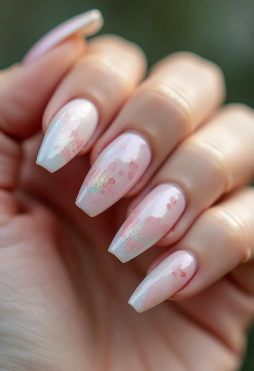 The nail design features a soft pastel color palette with an iridescent white base and delicate pink accents in subtle, watercolor-like patterns. The nails are shaped into a modern coffin or ballerina style, showcasing a chic and elongating effect. There is an intricate blend of colors that gives a dreamy and ethereal look, suitable for bridal or springtime occasions. The treatment appears to be gel, providing a smooth and glossy finish that enhances the delicate shimmer and intricate design. The overall aesthetic is elegant and refined, making it perfect for a polished and stylish appearance.