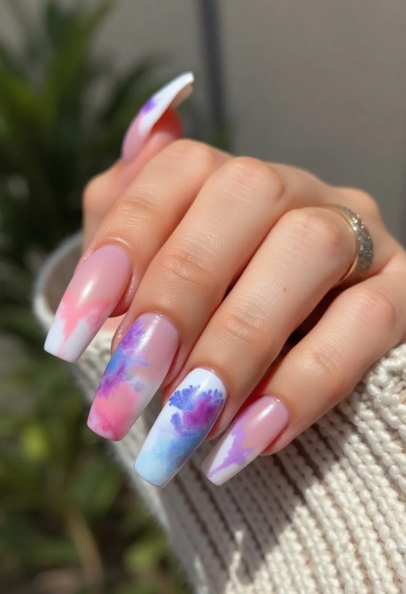 The nail design features a vibrant and pastel color palette that includes shades of pink, purple, and blue. The nails are long and rectangular, with a slight taper towards the tips. The intricate patterns on the nails resemble watercolor blooms, blending smoothly from one color to the next, giving a delicate and artistic appearance. The overall look suggests the use of gel nail treatment, ensuring a glossy and durable finish. The design is both whimsical and elegant, making it suitable for springtime or special occasions such as weddings or parties. The pastel colors and floral patterns evoke a fresh and playful vibe, perfect for celebrating new beginnings and cheerful moments.