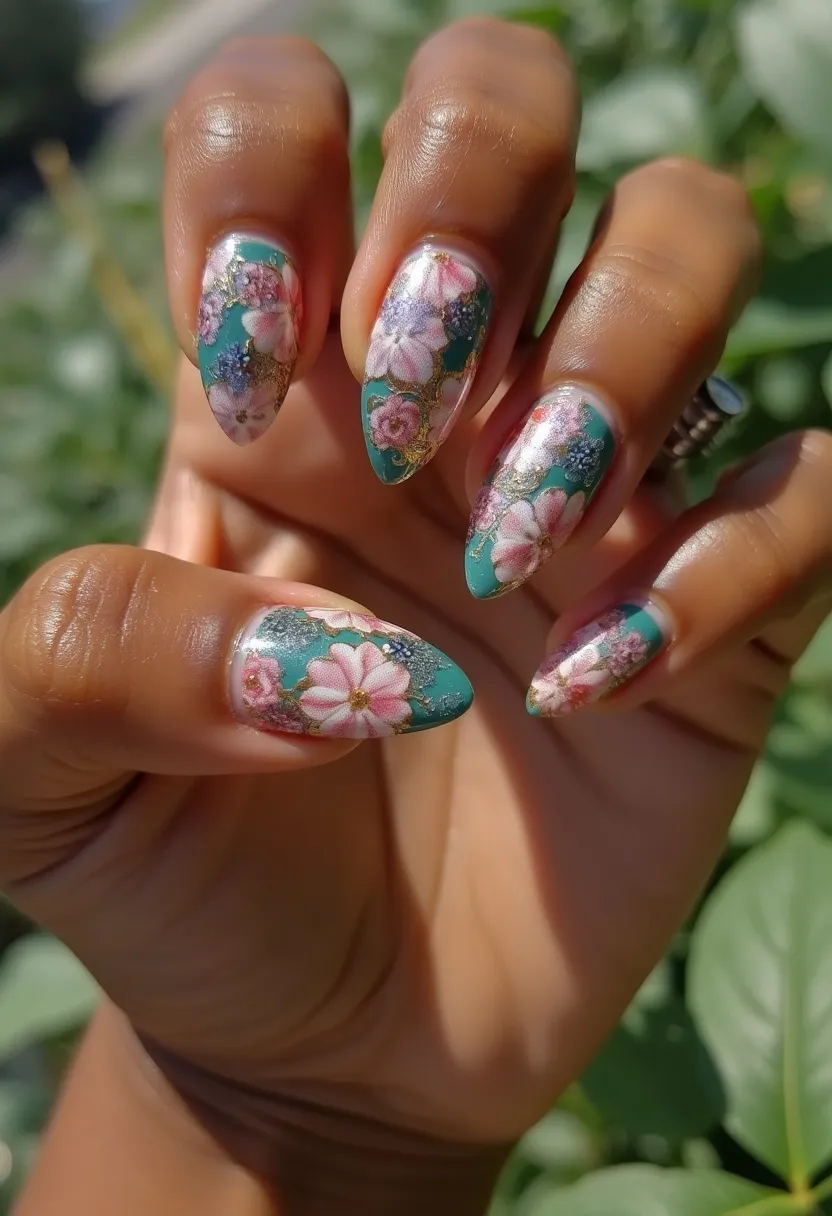 The  nail  design  features  a  blue  and  green  color  palette,  with  a  floral  pattern  on  the  nails.  The  nails  are  long  and  have  a  pointed  shape.  The  nail  treatment  appears  to  be  acrylic,  as  the  nails  are  painted  with  intricate  details  and  designs.  The  floral  pattern  adds  a  unique  and  seasonal  touch  to  the  nail  art,  making  it  a  stylish  and  eye-catching  look.