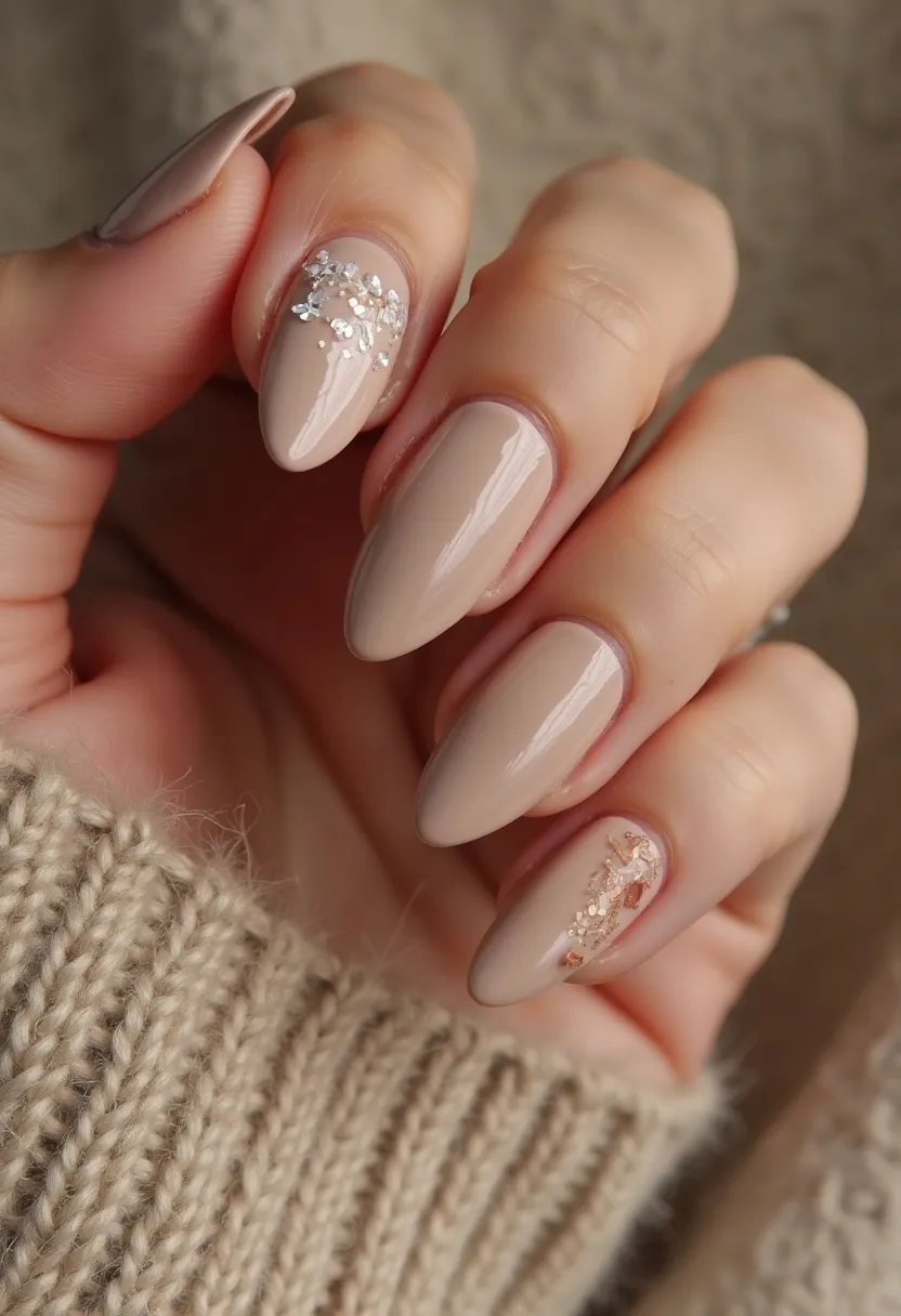 The nail design features an elegant, neutral color palette with a soft beige base. The nails are shaped in an almond form, providing a sophisticated and elongated appearance. Two nails showcase intricate patterns; one has delicate white and silver flower decorations near the cuticle, while another features a blend of gold flakes, adding a touch of sparkle and glam. The high gloss finish indicates a possible gel or shellac treatment, offering durability and a sleek, shiny look. This design could be perfect for a winter theme or a special occasion such as a formal event or wedding, given its understated yet refined aesthetic.