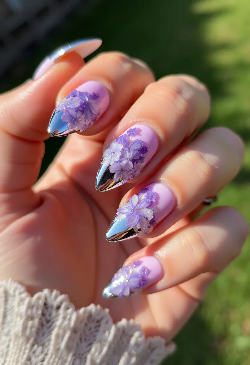 The  nail  design  features  a  combination  of  pink  and  purple  nail  polish,  with  the  pink  nails  having  purple  flowers  painted  on  them.  The  nails  are  shaped  in  a  pointed  style,  and  the  nail  polish  appears  to  be  a  gel  treatment.  The  intricate  pattern  and  decoration  on  the  nails  make  the  design  unique  and  visually  appealing.