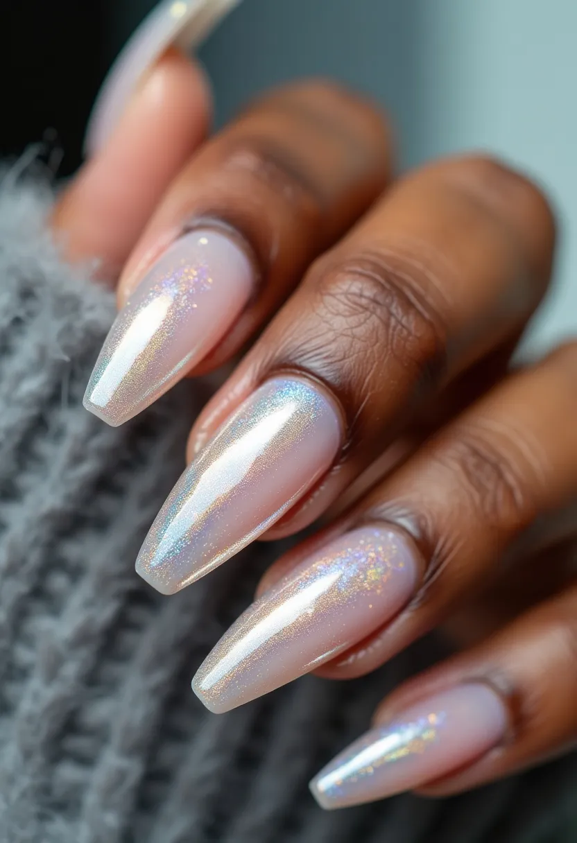 In this nail design, the nails are of a long, coffin shape which provides an elegant and elongated appearance. The color palette is dominated by a shimmery, iridescent finish with a base of soft, translucent pink. The nails have been enhanced with a high-gloss, holographic effect that reflects various shades of blue, pink, and purple under light, adding a multidimensional, eye-catching element. The intricate shimmer and gloss suggest the use of gel treatment for a smoother, more durable finish. This design is versatile, fitting for both special occasions and everyday wear, and radiates a subtle yet sophisticated charm, ideal for a winter or festive theme.