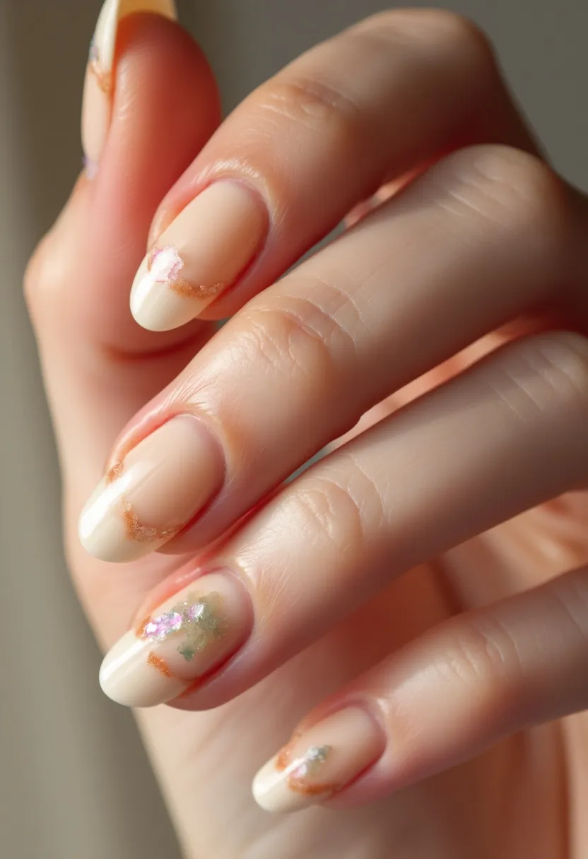 The nail design features a sophisticated and elegant look. The nails are almond-shaped, and the color palette includes soft beige as the base, with delicate accents of gold, pink, and green. These accents appear in organic, flowing patterns, suggesting a natural, floral inspiration. Some nails have glittery, iridescent elements embedded within the design, adding a touch of shimmer and depth. The treatment appears to be gel, given the glossy and smooth finish. This nail design could be suitable for a variety of occasions, including weddings, formal events, or even a chic everyday look, making it versatile and seasonally neutral with a slight lean towards spring or summer themes.