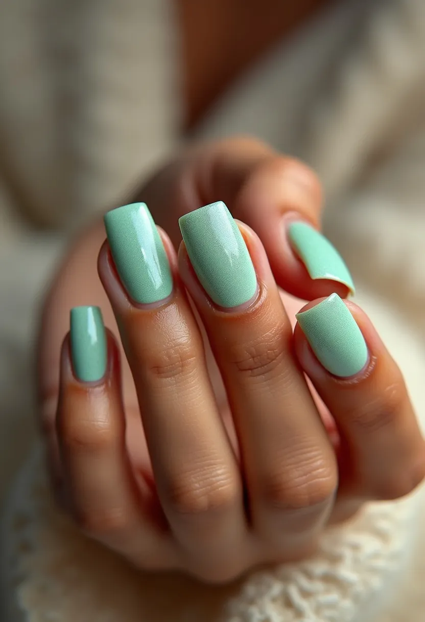 The nail design features a soft mint green color palette, creating a fresh and understated look. The nails are shaped into medium-length, square tips that offer a neat and polished appearance. The smooth, even finish suggests a gel or shellac treatment, providing long-lasting shine and durability. There are no additional patterns or decorations, keeping the design simple yet elegant. The choice of mint green aligns well with spring or summer themes, suitable for those seasons or for occasions that call for a fresh and vibrant aesthetic.