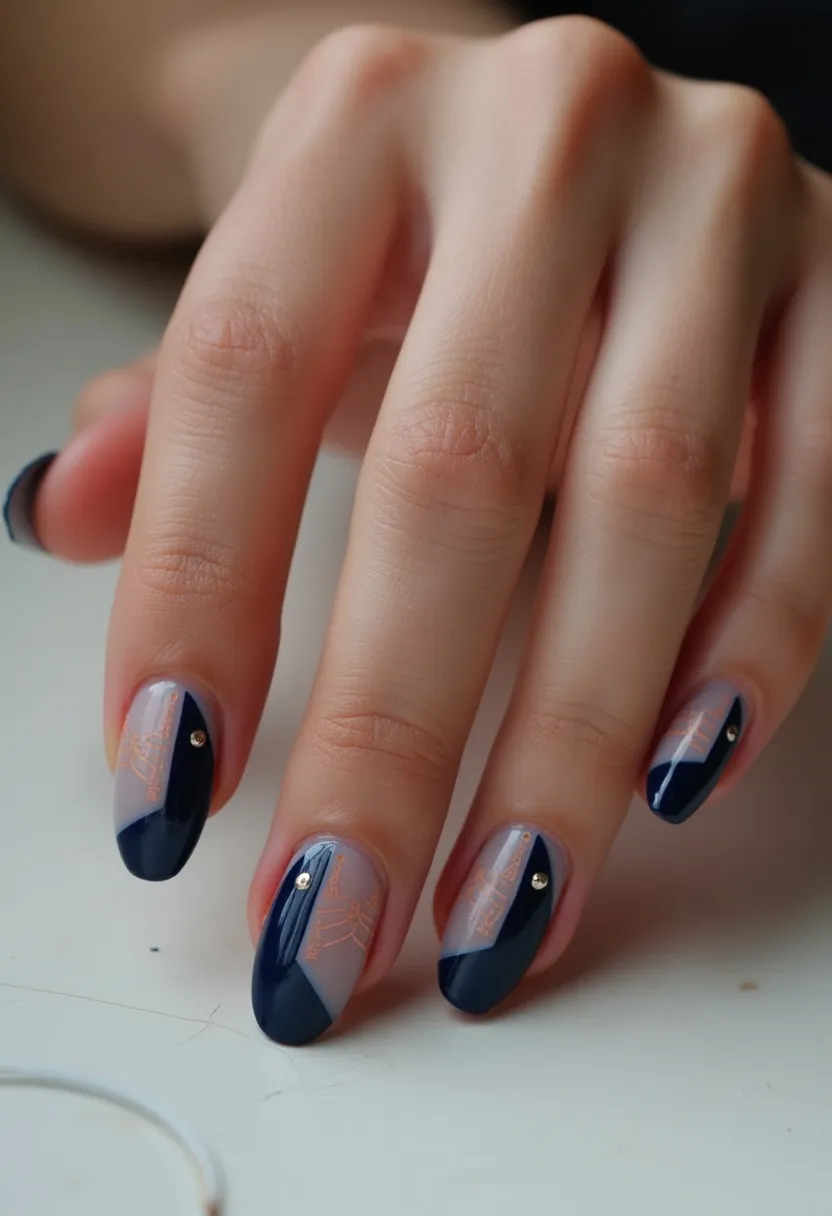 The nail design features a sophisticated and modern look with a color palette consisting of a deep navy and a soft lavender-gray. The nails are shaped into a smooth almond form, providing a sleek and elegant appearance. An intricate pattern is noticeable with a diagonal split between the two colors, adorned with fine geometric line art in a contrasting shade, giving the design an artistic touch. Small gold embellishments are placed strategically on each nail, adding a touch of luxury and sparkle to the overall design. The high glossiness suggests that a gel treatment might have been used, ensuring durability and a professional finish. This nail art could be suitable for both formal events and special occasions, given its refined and polished aesthetic.