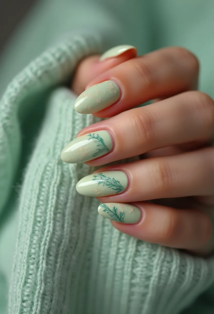 The nail design features an elegant and soft aesthetic with a light mint green color palette. The nails are shaped in a smooth oval form, which complements the delicate look. There are intricate patterns of green foliage or pine-like designs on some of the nails, giving a nature-inspired or possibly winter holiday-themed feel. Some of the nails also exhibit subtle glitter elements, adding a touch of sparkle without overwhelming the design. The application appears to be a glossy finish, possibly indicating a gel or shellac treatment, which provides a sleek, polished appearance. The overall look is cohesive and sophisticated, suitable for a seasonal theme, particularly for winter or a rustic, natural occasion.