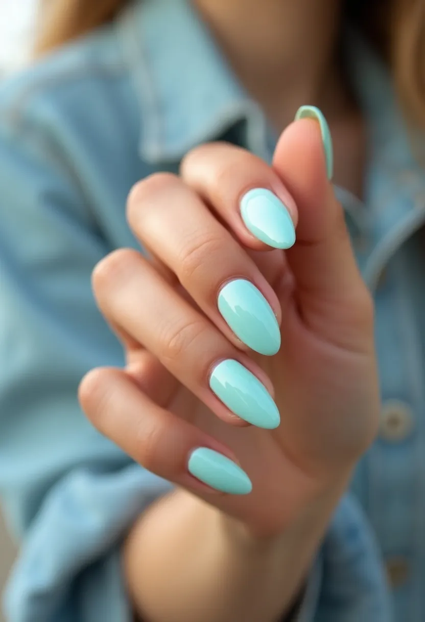 The nail design showcases a soft pastel color palette, featuring a glossy mint green shade. The nails are shaped in a refined almond style, which adds elegance to the overall appearance. The surface of the nails appears smooth and highly reflective, indicating the use of either a gel or shellac treatment for a durable and shiny finish. The simple yet sophisticated look is devoid of intricate patterns or additional decorations, making it versatile for various occasions. The fresh mint green color is ideal for spring or early summer, offering a refreshing and seasonal appeal.