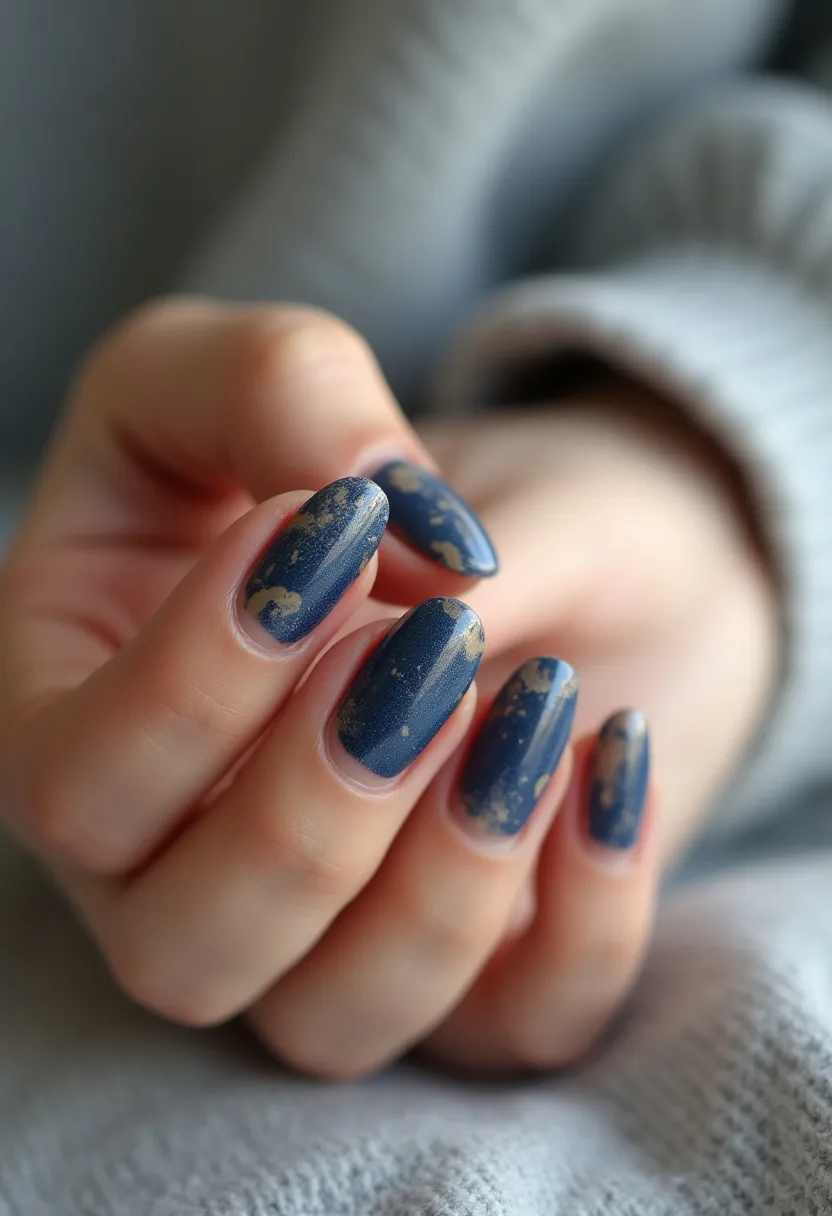 The nail design features medium-length, almond-shaped nails adorned with a rich navy blue base color. The nails have been decorated with a gold foil technique, creating an abstract, marbled pattern across the surface. This combination of deep blue and metallic gold provides a sophisticated and elegant look, suitable for a variety of occasions. The treatment appears to be a gel manicure, which gives the nails a glossy finish and ensures long-lasting wear. The design does not hint at any specific seasonal theme but would be versatile enough for both formal events and everyday wear due to its refined yet striking appearance.