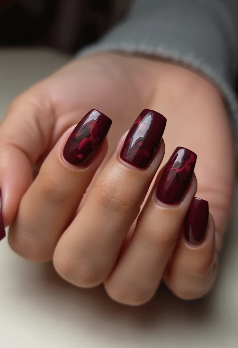 The nail design in the image features a rich and sophisticated color palette dominated by dark maroon hues with subtle black marbling. The nails are medium length and squared in shape, providing a modern and elegant look. The intricate marbling pattern creates a sense of depth and complexity, adding a unique touch to the otherwise monochromatic color scheme. The design appears to be done using gel polish, which gives a smooth, glossy finish typical of this nail treatment. This sophisticated and luxurious design would be perfect for autumn or winter seasons, or for special occasions requiring a more polished appearance.