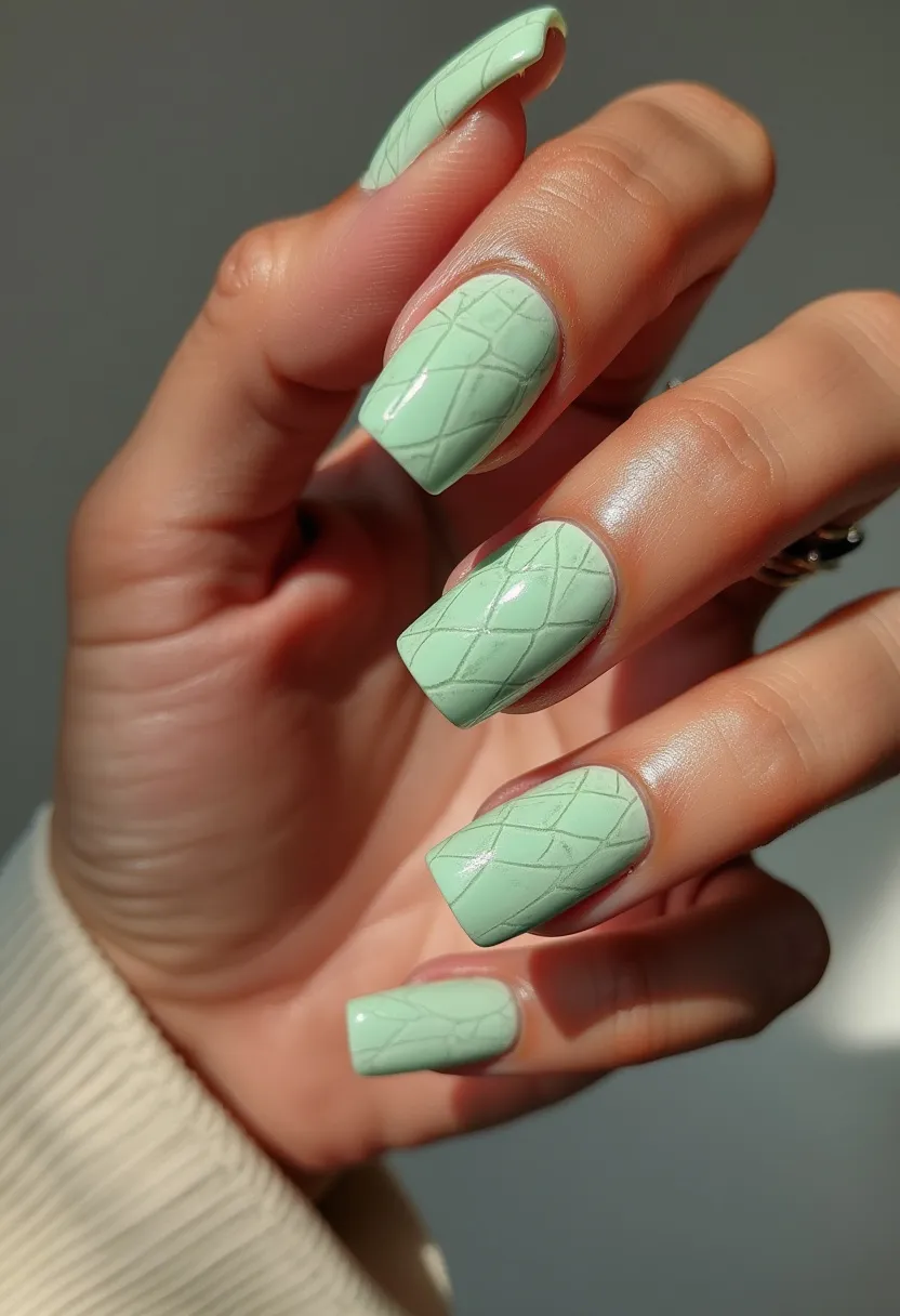 The nail design features a soft, pastel green color palette that provides a fresh and calming aesthetic. The nails are medium-length with a squared shape, giving a clean and modern look. Each nail has an intricate, quilted-like pattern etched into the surface, adding texture and visual interest. The overall finish appears glossy, indicative of a gel nail treatment, which adds durability and a shiny finish to the design. The quilted pattern invokes a cozy and chic theme, making it suitable for transitional seasons like fall or spring but versatile enough for everyday wear due to its neutral green hue.