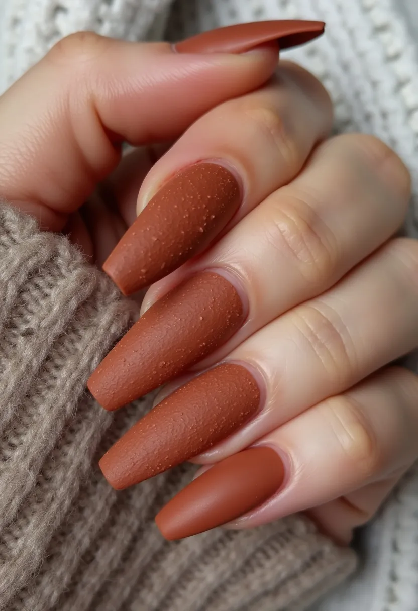 The nail design features nails in a warm, earthy terracotta palette that evokes a cozy autumnal feel. The nails are shaped into a long coffin style, adding an elegant touch to the overall aesthetic. A textured matte finish is applied, differentiating the look from the usual glossy nails and providing a sophisticated and unique detail. The nail treatment appears to be a gel or dip powder, ensuring durability and a flawless finish. This design, with its rich color and matte texture, is perfectly suited for the fall season, making it an excellent choice for Thanksgiving or other autumnal celebrations.