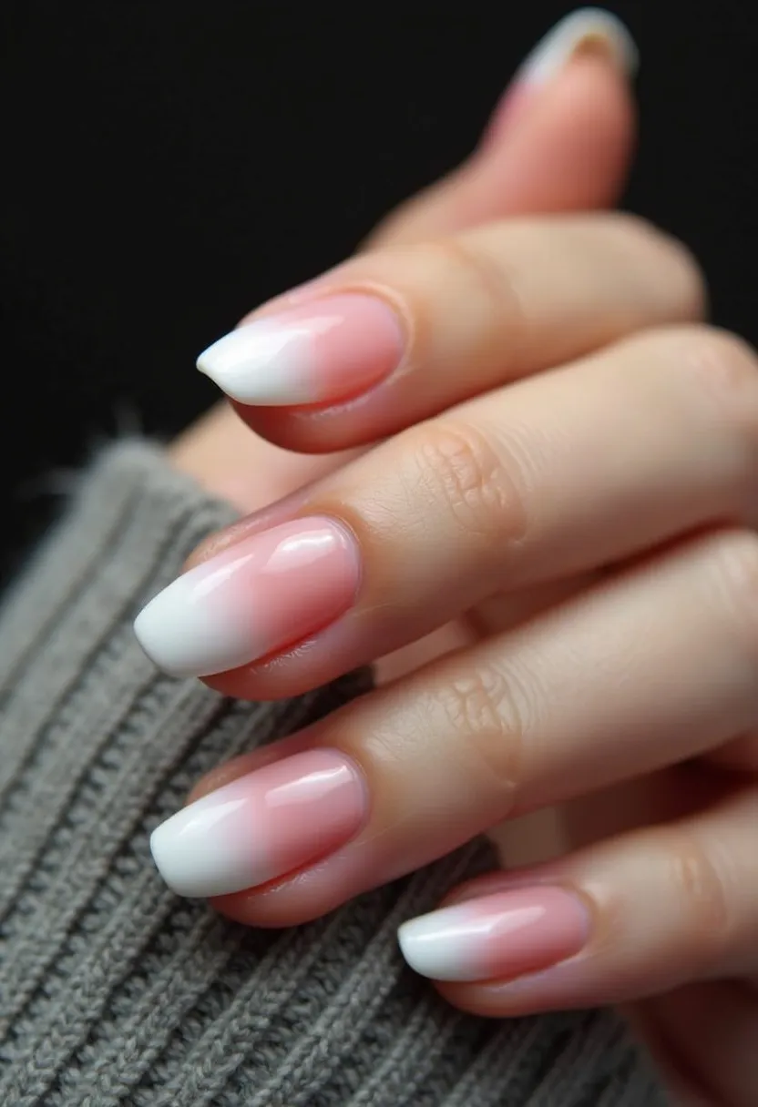 The nail design features a beautiful ombré effect that transitions smoothly from a soft, natural pink hue near the cuticles to a crisp, white tip. The nails are formed in an almond shape, providing an elegant and elongated appearance. This look appears to be achieved with a gel nail treatment, evident from the glossy finish and the smooth gradation of the colors. There are no additional patterns or embellishments, allowing the ombré effect to remain the focal point of the design. This sophisticated style is versatile for various occasions, though its simplicity and elegance make it particularly suited for weddings or formal events.