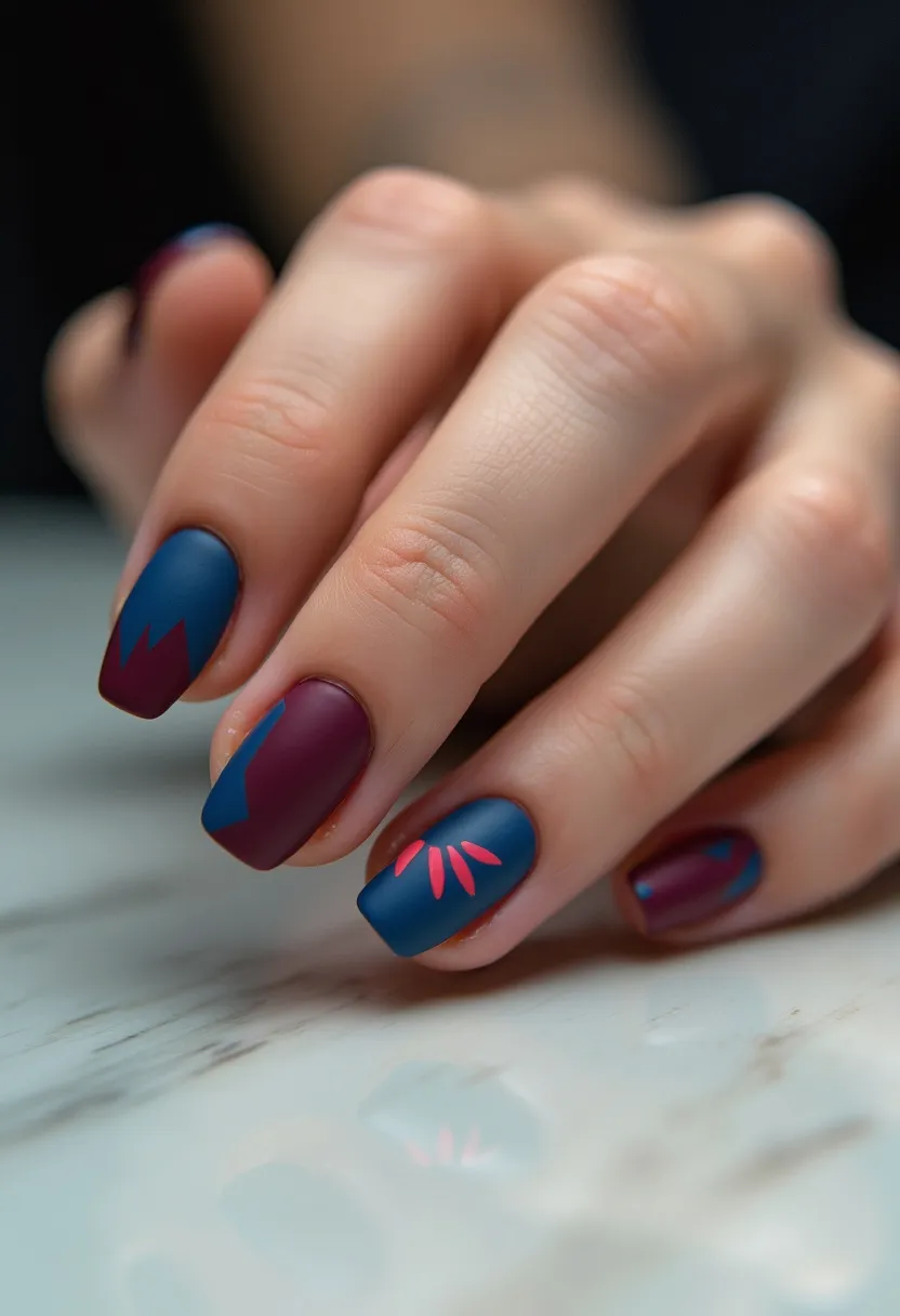 The nails exhibit a trendy and artistic design, featuring a matte finish. The color palette primarily consists of deep navy blue and a rich burgundy, creating a sophisticated and modern look. The nails are shaped in a short to medium-length almond form, providing a sleek and elegant appearance. Intricate patterns adorn the nails; one nail displays a geometric cut-out design with alternating colors, while another features pink, petal-like accents radiating from the base of the nail. The detailed and well-executed designs suggest a gel or acrylic treatment, ensuring long-lasting wear and vibrancy. This nail design is versatile, suitable for various seasons but particularly fitting for fall and winter due to its deep color tones.