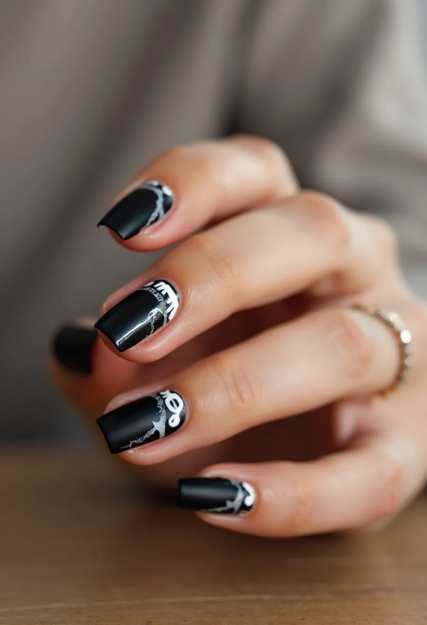 The nail design features a striking, predominantly black matte color palette accented with white intricate patterns. The nails are shaped into a medium-length, square-tip style. The design showcases delicate, white decorative elements resembling spider webs or lace near the cuticles for an eye-catching look. This particular design appears to be suited for gel nail treatment, given the glossy and smooth finish visible under the matte top coat. The artful, detailed patterns suggest a theme that could be suitable for a Halloween season or a themed event, giving the nails a sophisticated yet edgy appeal.