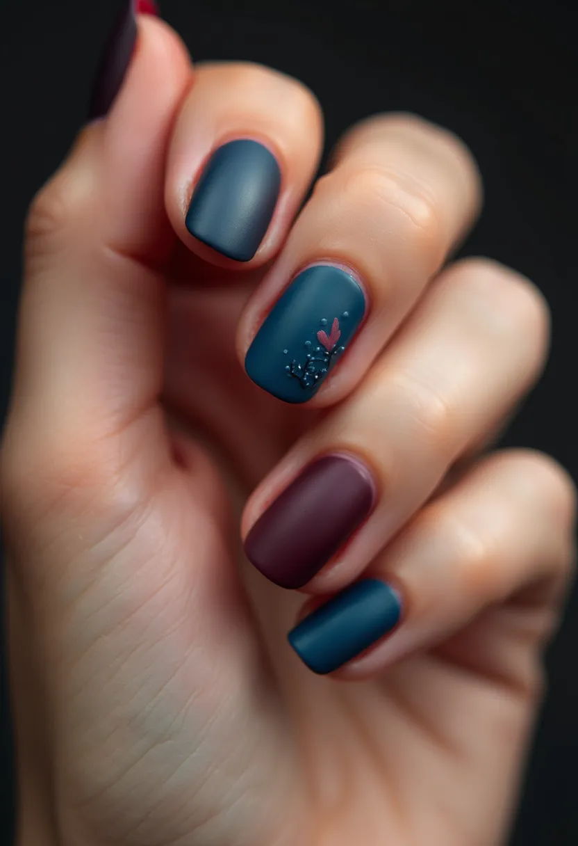 This nail design features a modern and sophisticated look with a matte finish. The color palette includes an exquisite combination of deep teal and rich burgundy on a short, square-shaped nail style. There is a delicate decorative accent on the ring finger nail, where a subtle pink leaf and tiny white dot design add an artistic touch. The treatment appears to be a gel polish due to the smooth, matte texture and long-lasting finish, ideal for an autumn or winter-themed manicure. The design is both elegant and understated, suitable for formal occasions or everyday wear, with the intricate patterns offering a hint of personal style.