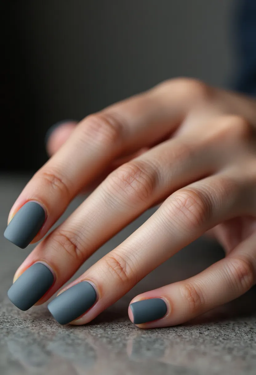 The nail design features a matte finish in a muted slate gray color palette. The nails are medium length with a square shape, which gives them a sleek and modern appearance. While there are no intricate patterns or decorations visible, the uniform matte gray suggests a minimalist and sophisticated look. The treatment appears to be a gel polish, noted for its smooth and even application with a matte top coat to achieve the non-glossy effect. There are no apparent seasonal themes or special occasions tied to this design, making it versatile and suitable for everyday wear.