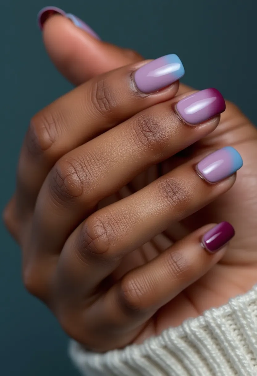 The nail design features a color palette comprising soft pastel shades of lavender and blue, along with a deep magenta accent. The nails are short and sport a square shape, providing a neat and modern look. Each nail showcases a French tip style with a gradient effect; the tips shift from lavender at the base to either blue or magenta at the tips. The design appears polished and glossy, indicating a gel or shellac treatment to enhance durability and shine. This artistic and colorful combination could be ideal for spring or other lively occasions, adding both elegance and a touch of playful charm.