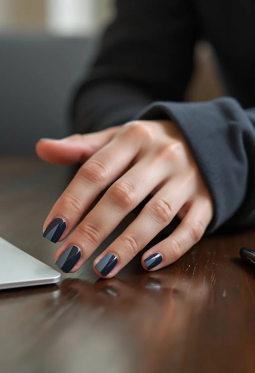 The nail design features a classic and sophisticated palette predominantly composed of dark grey and muted grey tones. The nails are kept short and neatly manicured with a square shape. Each nail exhibits a geometric pattern with a diagonal division of colors, creating a modern and sleek look. The nail polish has a glossy finish, indicating a gel treatment that ensures a smooth and long-lasting appearance. This minimalistic yet chic design is versatile, suitable for both daily wear and formal occasions, and aligns well with autumn or winter seasonal themes.